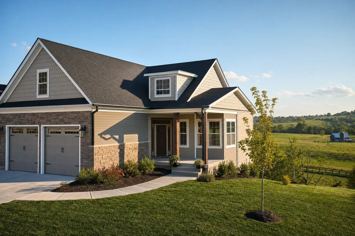 Craftsman-style home with rolling farmland in the background in Bullitt County, Kentucky