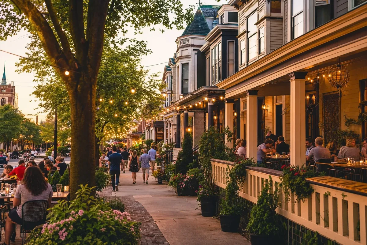Tree-lined restaurant row street with restored Victorian homes in the Highlands neighborhood of Louisville, Kentucky