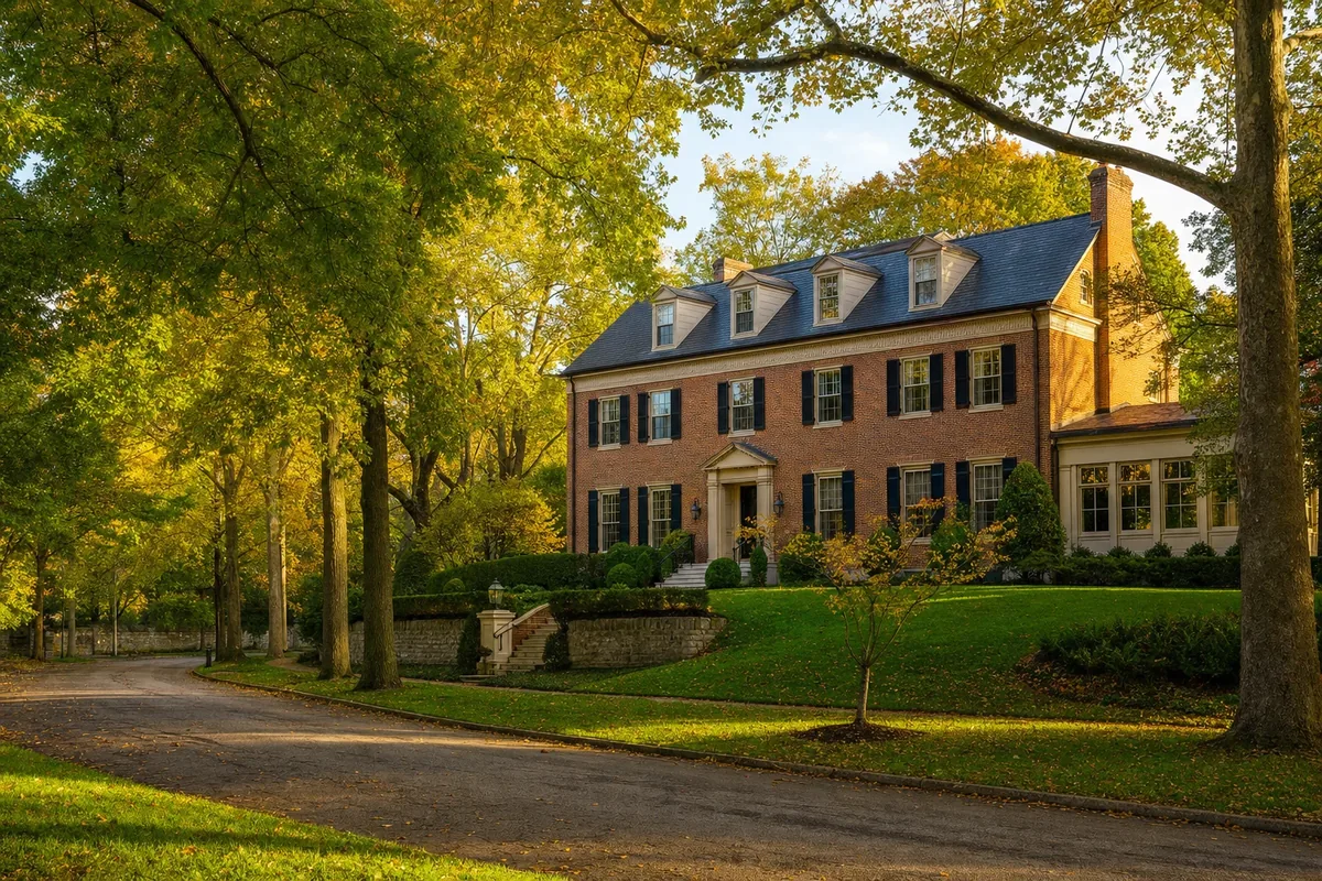Stately brick estate home on a tree-lined, curving street in the Indian Hills neighborhood of Louisville, Kentucky