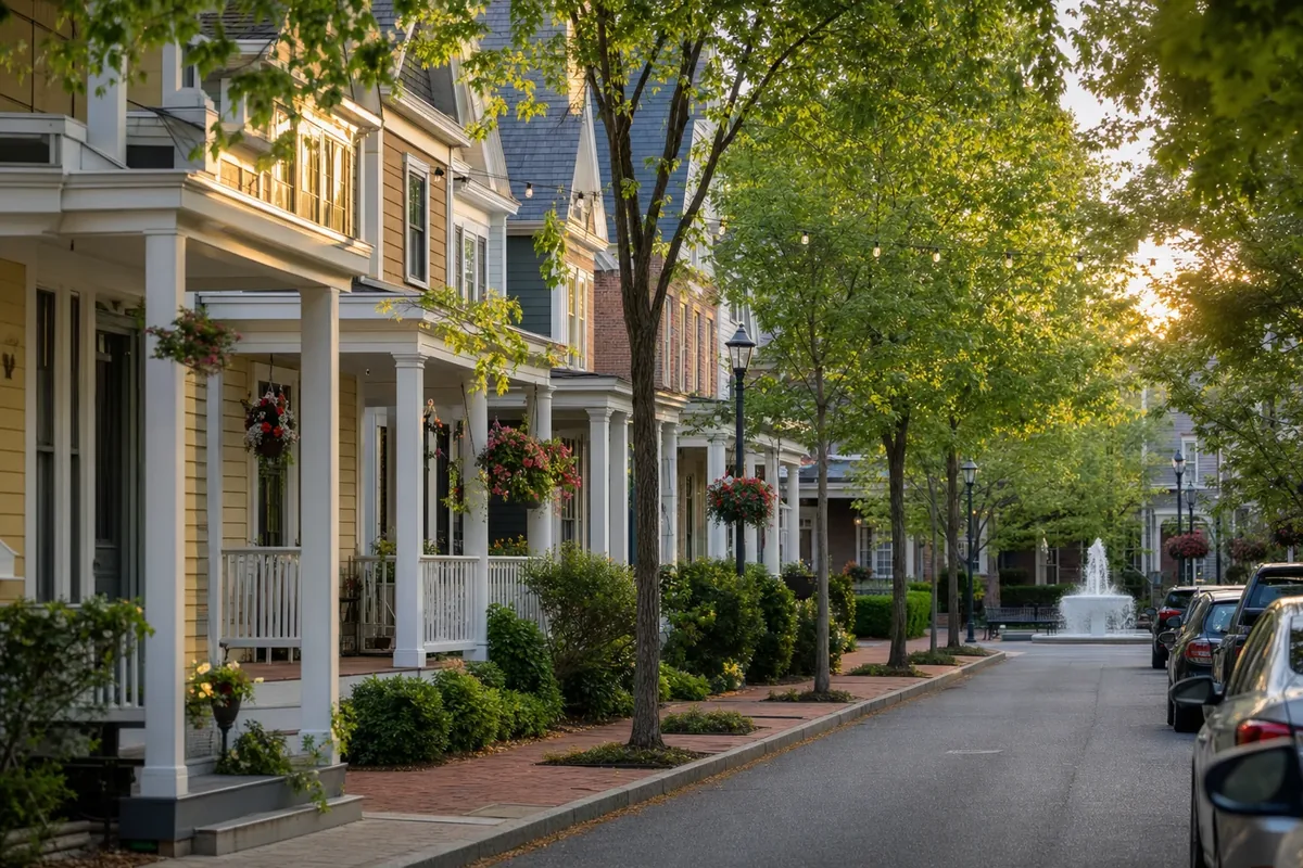 Walkable, tree-lined street of colorful front-porch homes in the Norton Commons Town Center, Louisville, Kentucky