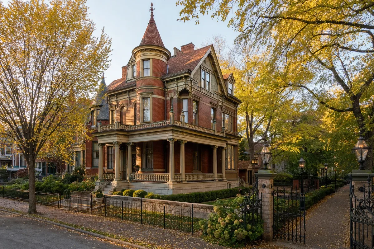 Grand Victorian mansion with turret on a historic tree-lined street in Old Louisville, Kentucky